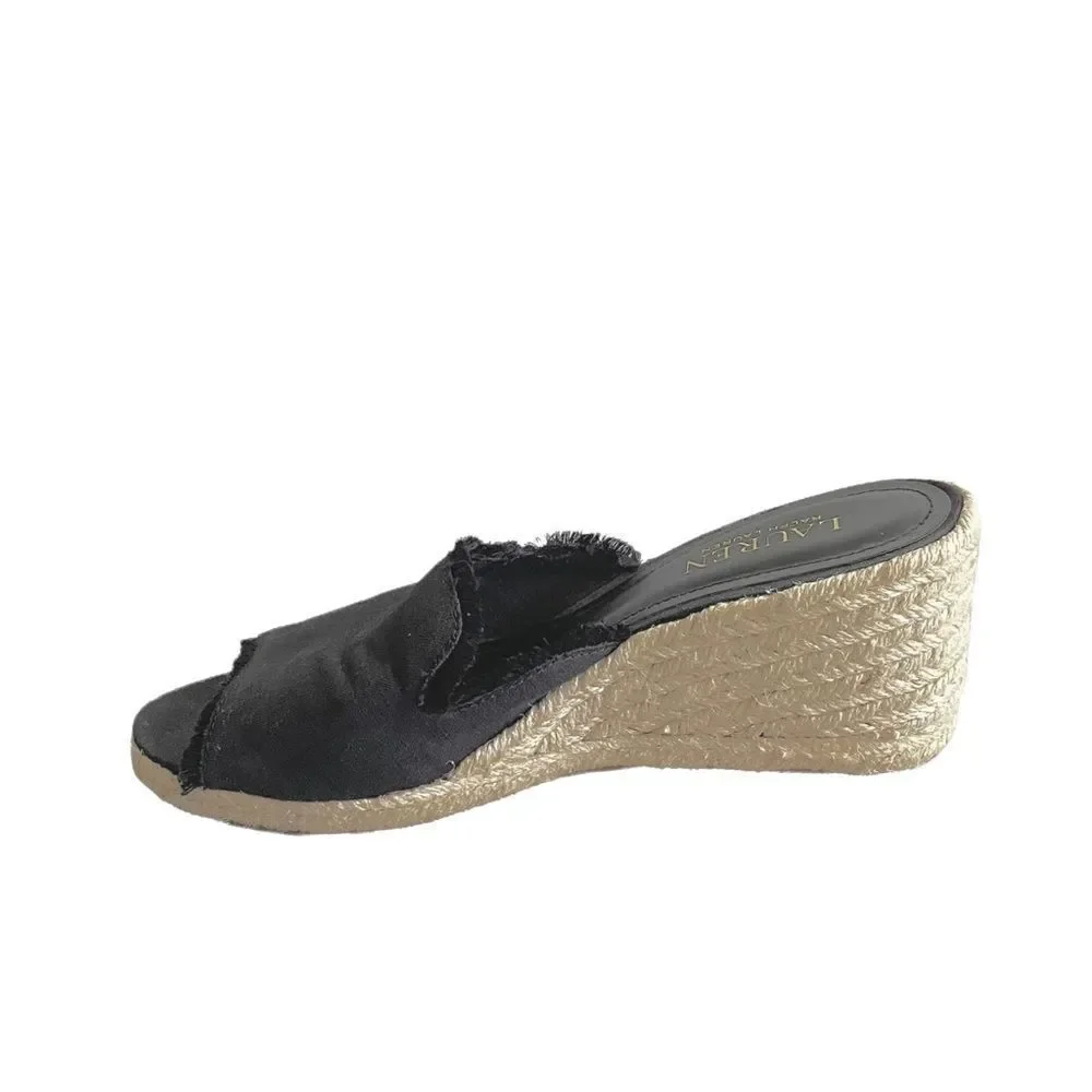 LAUREN RALPH LAUREN Black Linen Carlynda Wedge Espadrilles Sandals 8.5